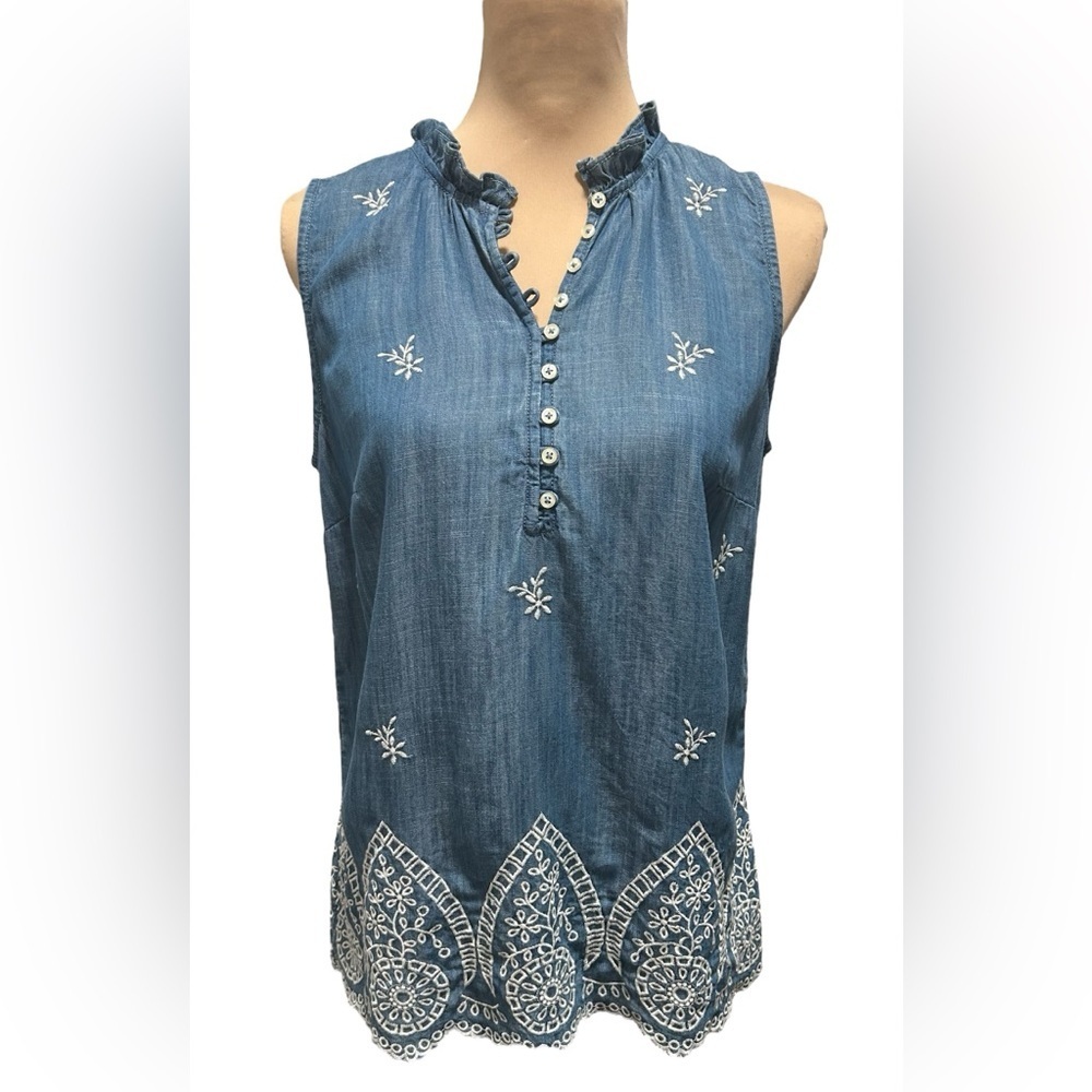 TALBOTS Ruffle Trim Embroidered Denim Shell Blue Tencel Lyocell Womens Sz Small. - Picture 2 of 10
